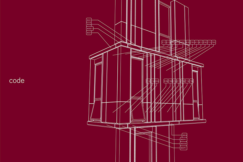 Brochure spread showing architectural CAD line art of facade